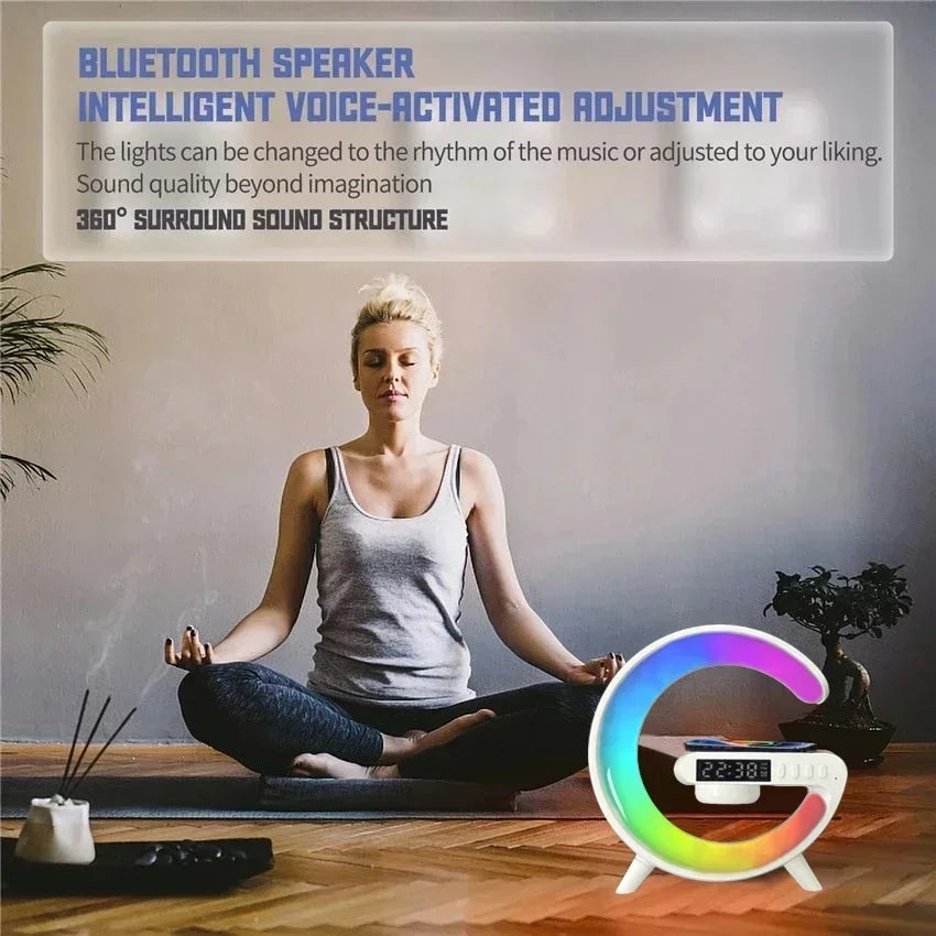 Multifunction Wireless Charger Stand with RGB Light, Alarm Clock &amp; Bluetooth Speaker
