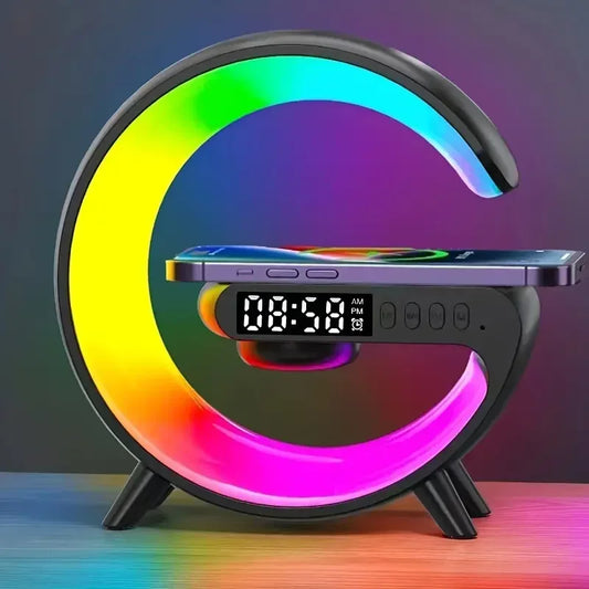 Multifunction Wireless Charger Stand with RGB Light, Alarm Clock &amp; Bluetooth Speaker