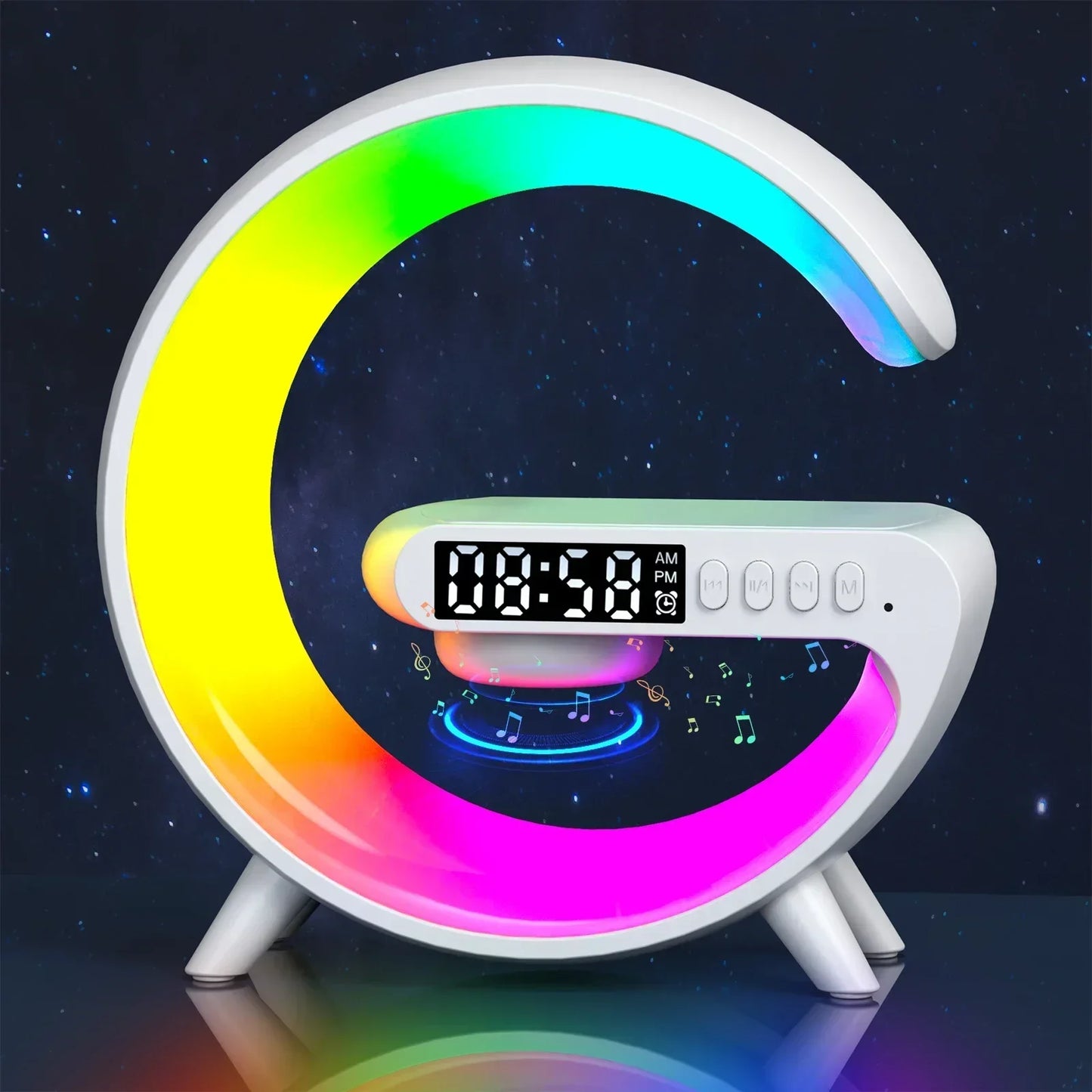 Multifunction Wireless Charger Stand with RGB Light, Alarm Clock &amp; Bluetooth Speaker