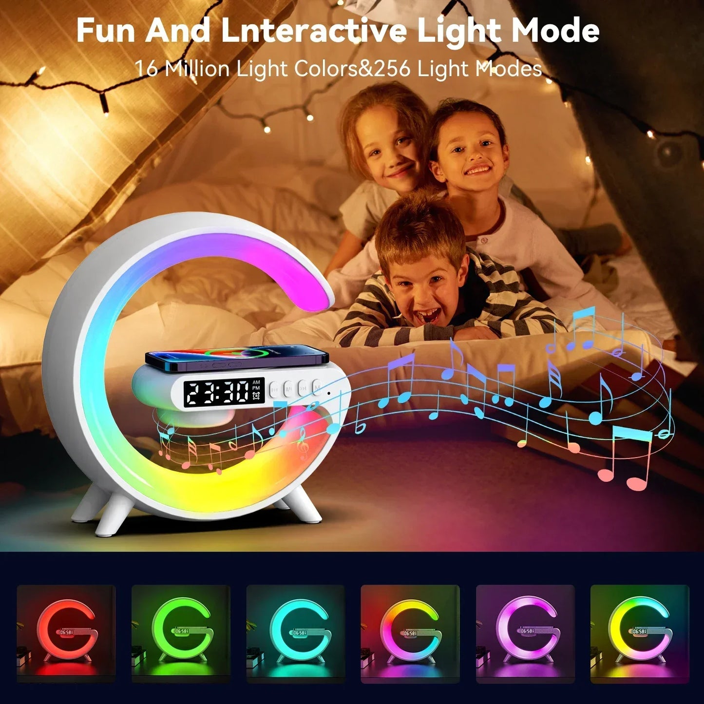 Multifunction Wireless Charger Stand with RGB Light, Alarm Clock &amp; Bluetooth Speaker